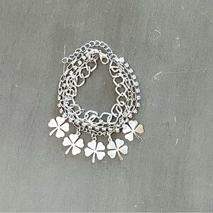 Silver Four Leaf Clover Irish Rhinestone Paper Clip Multi-Strand Chain Bracelet